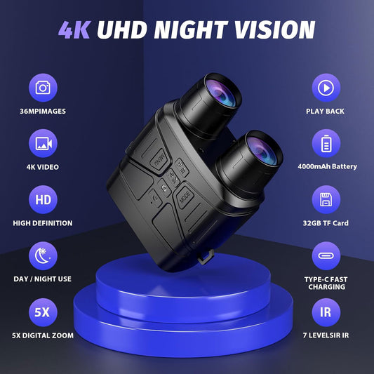Night Vision Goggles - 4K Night Vision Binoculars, 32GB TF Card can Save Photo and Video, 3'' HD Screen for Camping & Security, Black